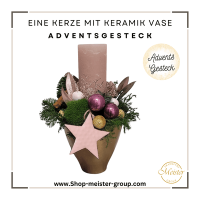 Adventsgesteck Rosa mit 1 Kerze mit Keramik Vase - Meister Group Frankfurt