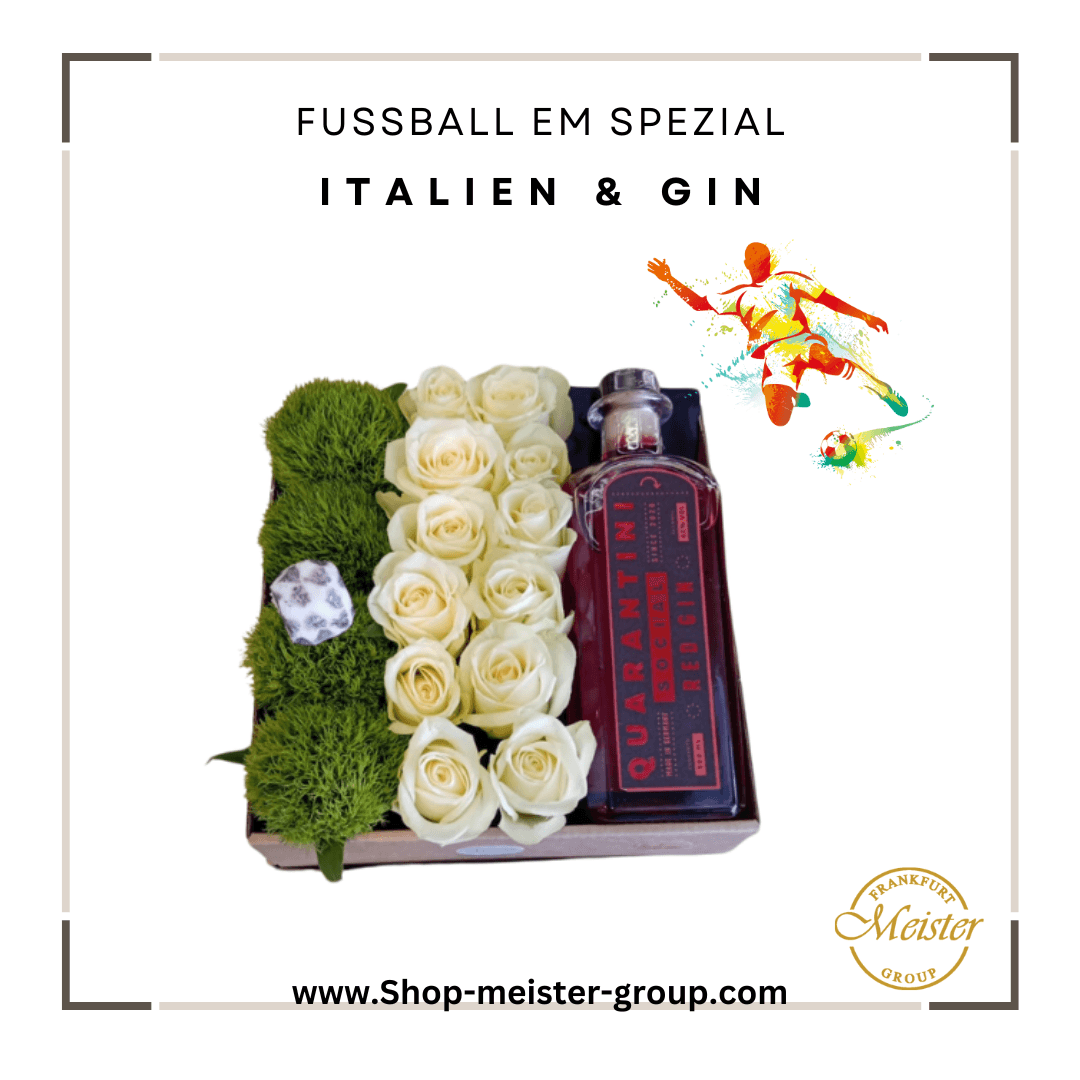 Italienisches Rosenarrangement mit Quarantini Red Gin - Exklusives Geschenkset - Meister Group Frankfurt